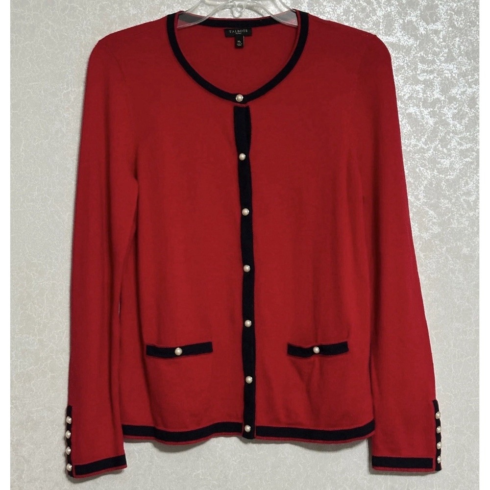 Talbots Womens Large P Red Navy Pearl Button Pockets Cardigan Sweater 5%Cashmere